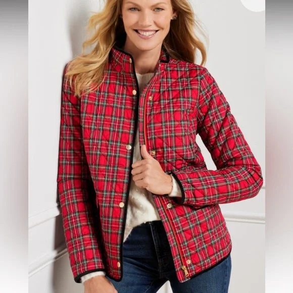 Talbots Red Plaid Quilted Jacket Black Trim Preppy Women’s medium - Picture 2 of 15